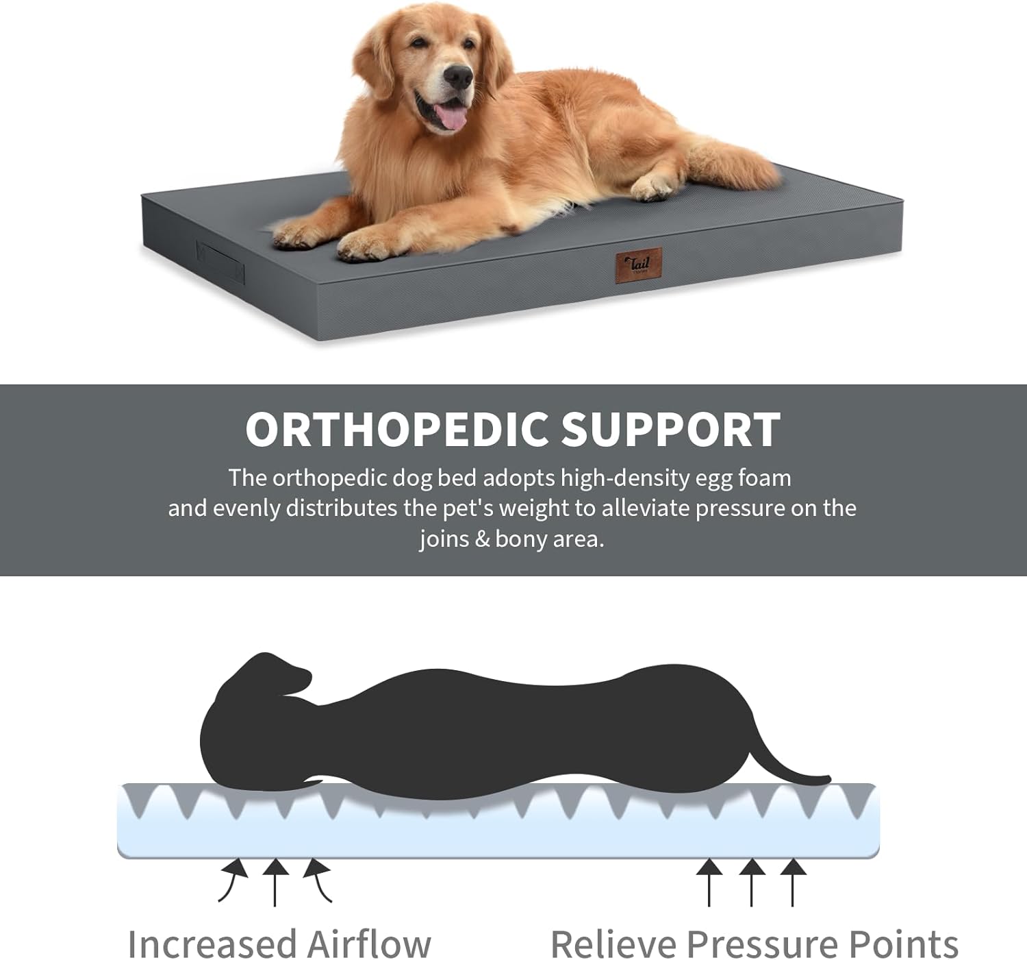Outdoor Orthopedic Dog Bed, Waterproof Dog Bed for Large Dogs 36x27 Inch, Egg Crate Foam Pet Mat with Washable Removable Oxford Cooling Cover, Grey - Image 3