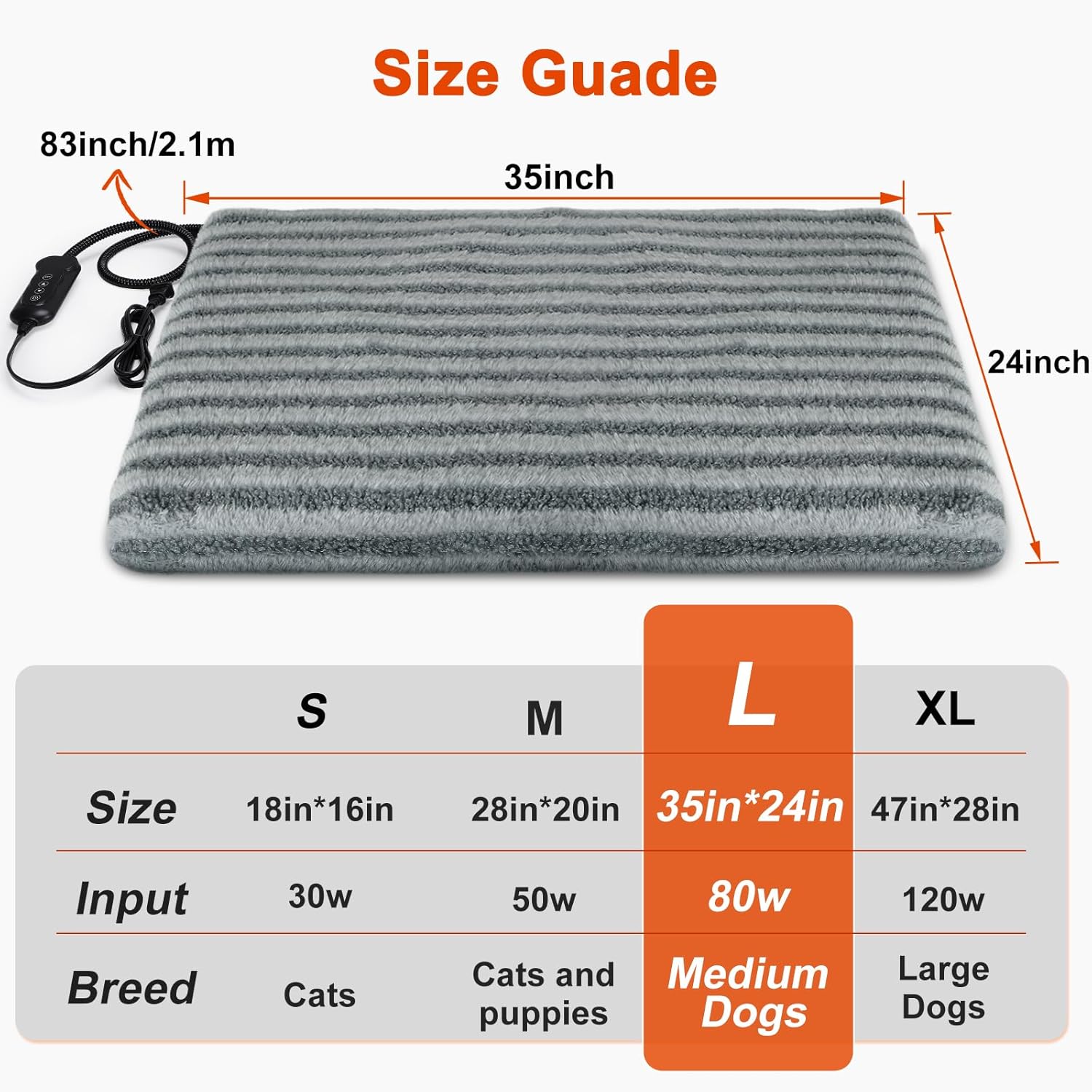 Large Pet Heating Pad, Waterproof Heated Dog Cat Bed with 11 Adjustable Temperatures & 24H Timer, Auto Shut-Off, Chew-Resistant Cord, Washable Cover, Indoor Electric Heating Mat, Grey, L(35" x 24") - Image 6