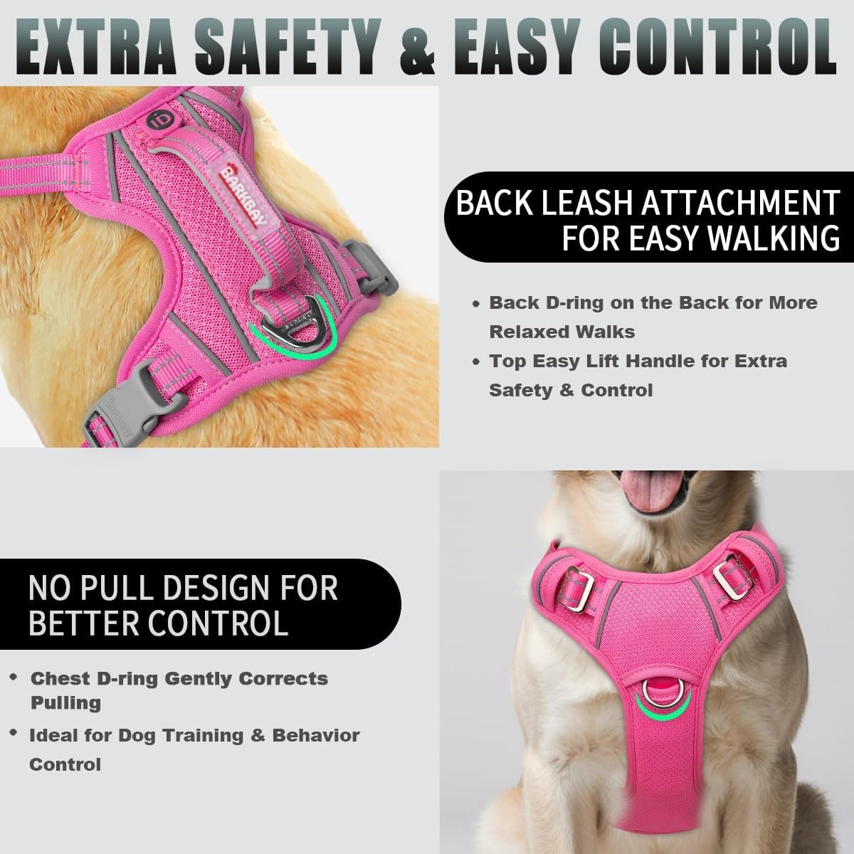 BARKBAY No Pull Dog Harness Large Reflective Dog Harness with Front Clip and Easy Control Handle for Walking Training Running with ID tag Pocket(Pink,L) - Image 3