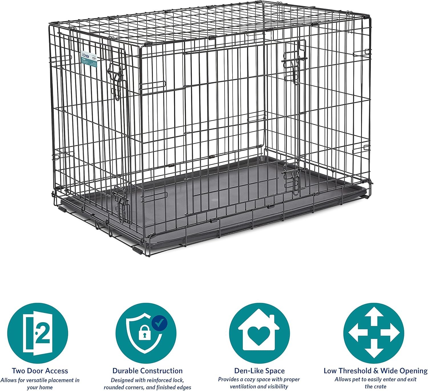 MidWest Homes for Pets 36-Inch iCrate for Medium-Large Breeds, 41-70 lbs, Double Door Folding Dog Crate with Divider Panel, Leak-Proof Tray & Secure Latches, Portable, Durable & Easy to Assemble - Image 3